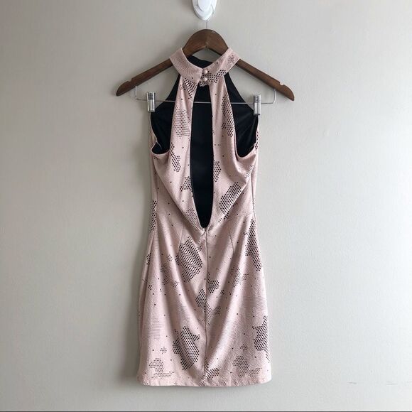 Mystic Vintage Mesh High Neck Fitted Bodycon Open Back Sleeveless Mini Dress Tan - Picture 8 of 14